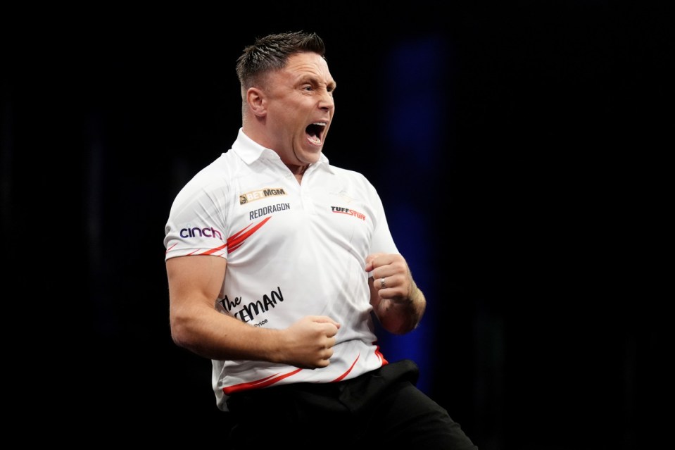 Gerwyn Price celebrates in his match against Luke Littler during the BetMGM Premier League Play-Offs at The O2, London. Picture date: Thursday May 29, 2025. PA Photo. See PA story DARTS London. Photo credit should read: John Walton/PA Wire. RESTRICTIONS: Use subject to restrictions. Editorial use only, no commercial use without prior consent from rights holder.