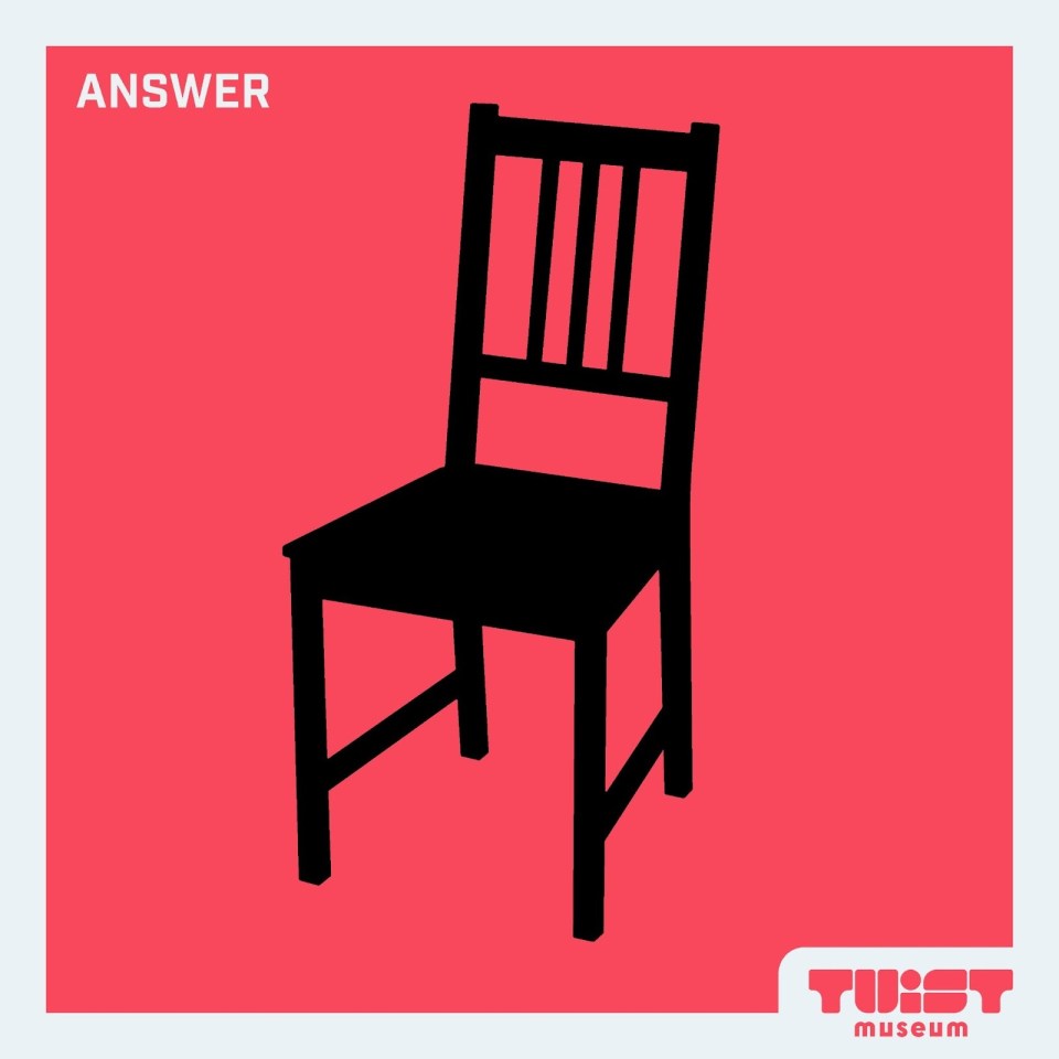 Illustration of a black chair on a red background; answer to a visual puzzle.