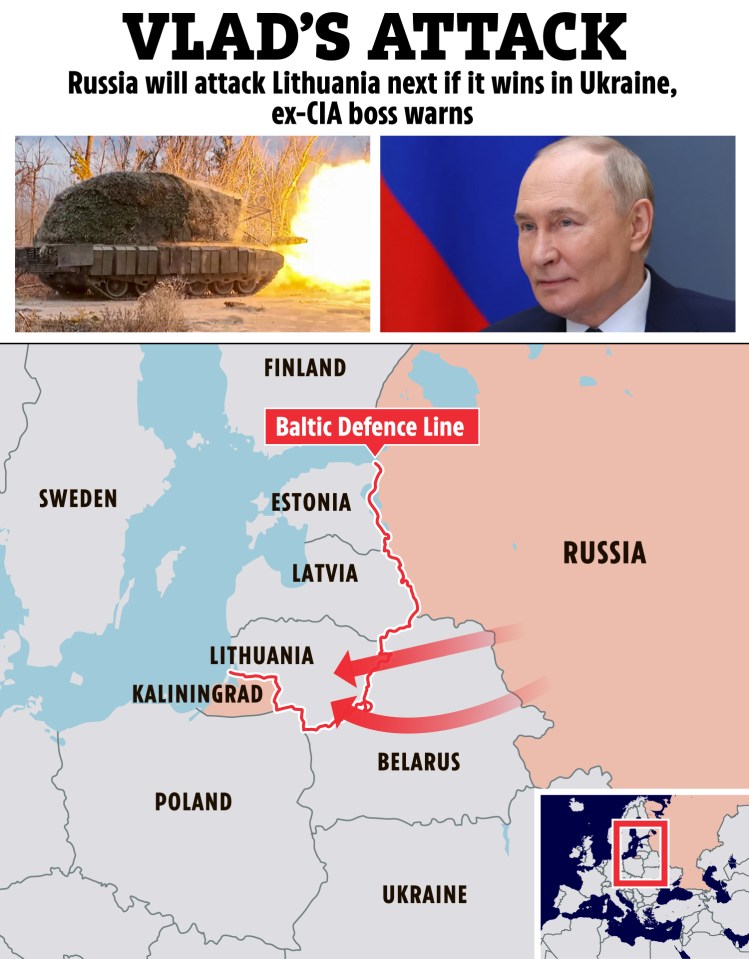 Illustration of a map showing a potential Russian attack on Lithuania, with inset images of a tank and Vladimir Putin.