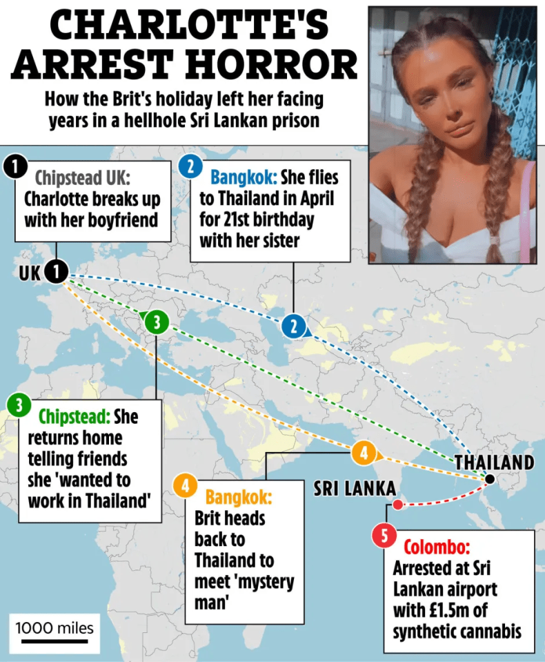 Illustration of a woman's travel route, showing her arrest in Sri Lanka with synthetic cannabis.