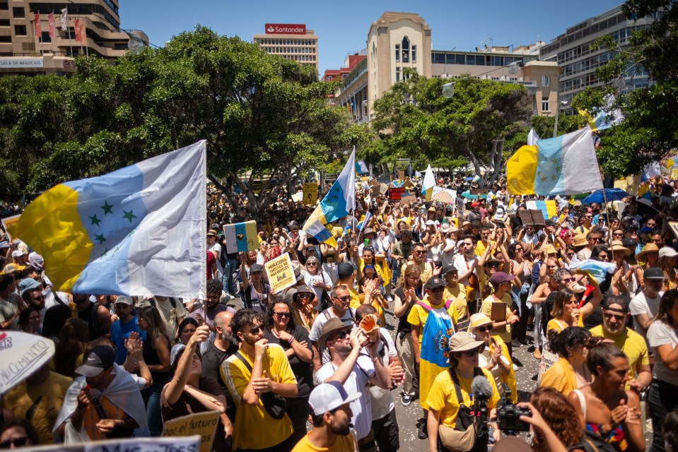 Protestors demonstrating against tourism in the Canary Islands.