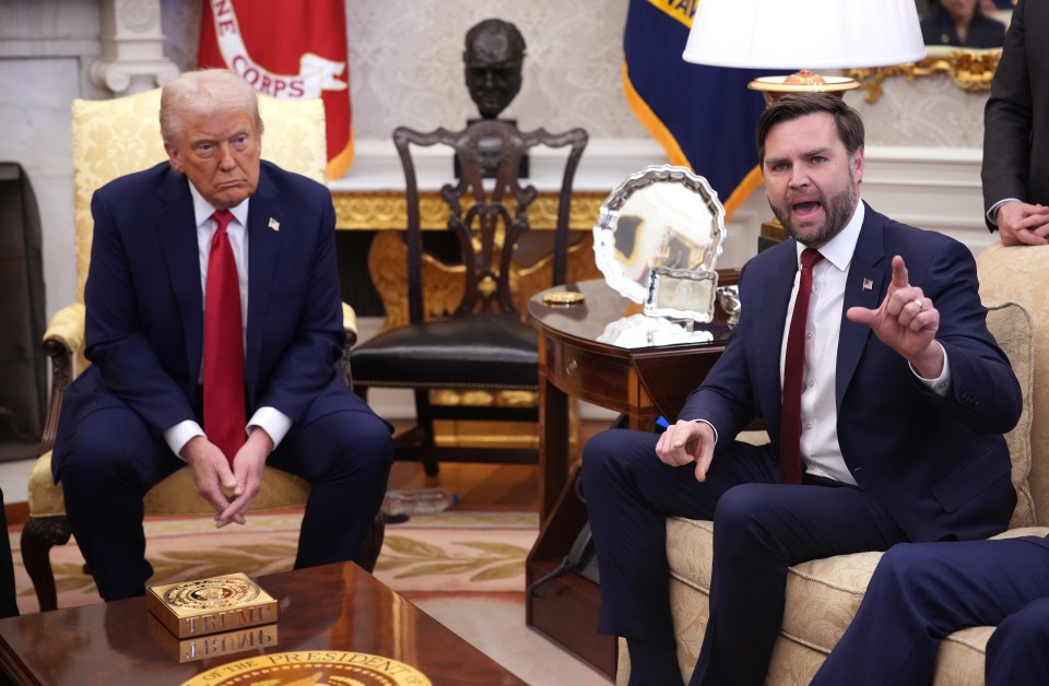 Photo of Donald Trump and JD Vance meeting with Volodymyr Zelensky in the Oval Office.