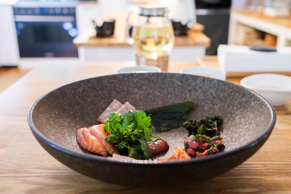 A platter of meat, seafood and vegetables at Chae in Cockatoo, Victoria, Australia.