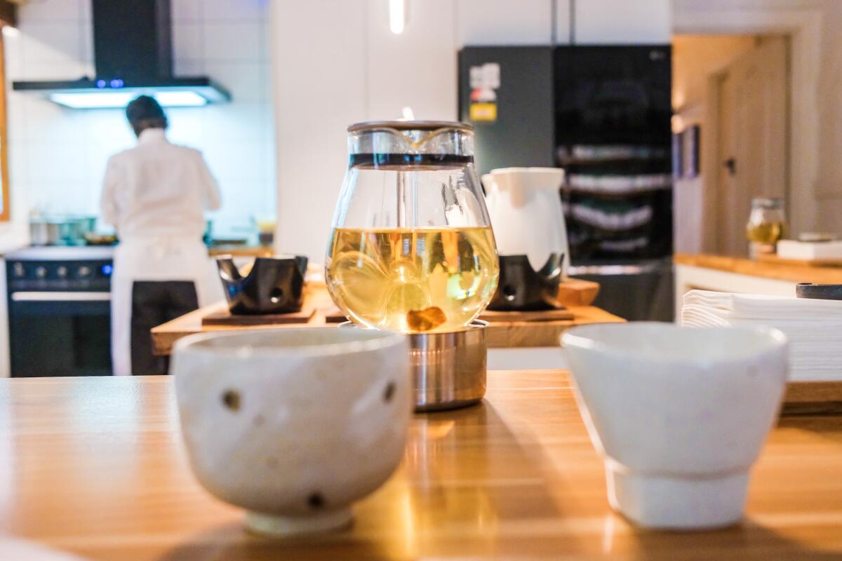 A centered shot of ginseng tea at six-seat restaurant Chae in Cockatoo, Victoria, Australia.