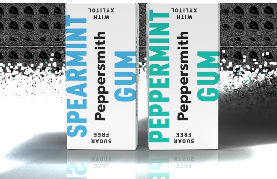 Illustration of two boxes of sugar-free gum, one spearmint and one peppermint.