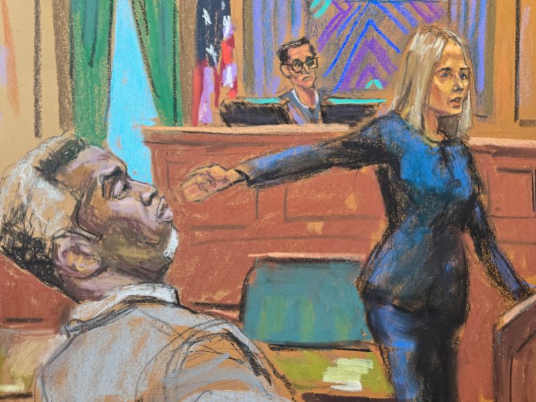 Prosecutor Emily Johnson points to Sean "Diddy" Combs before U.S. District Judge Arun Subramanian at Combs' sex trafficking trial in New York City, New York, U.S., May 12, 2025, in this courtroom sketch. REUTERS/Jane Rosenberg TPX IMAGES OF THE DAY