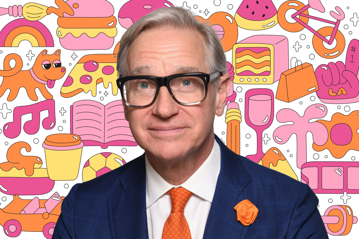 Photo of a man on a background of colorful illustrations like a book, dog, pizza, TV, shopping bag, and more.
