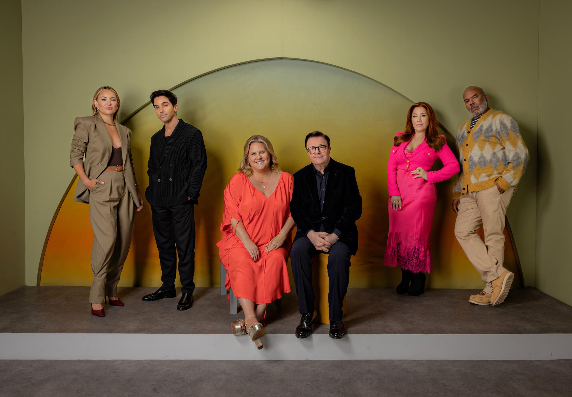 Kate Hudson, left, Paul W. Downs, Bridget Everett, Nathan Lane, Lisa Ann Walter and David Alan Grier.