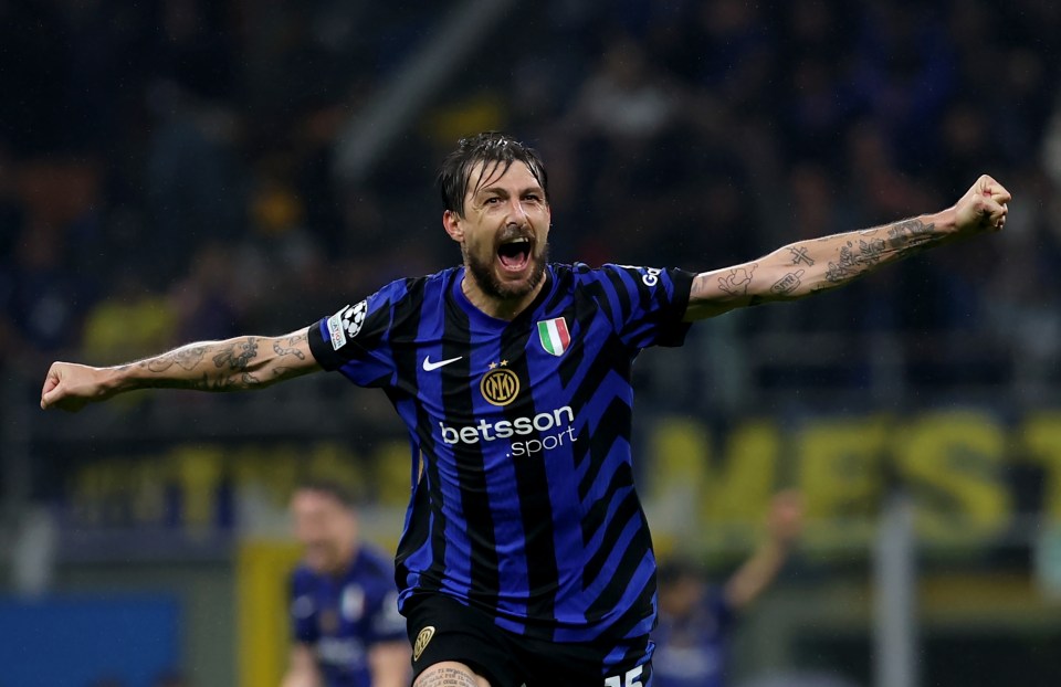 Francesco Acerbi of FC Internazionale celebrates in tears after a soccer match victory.