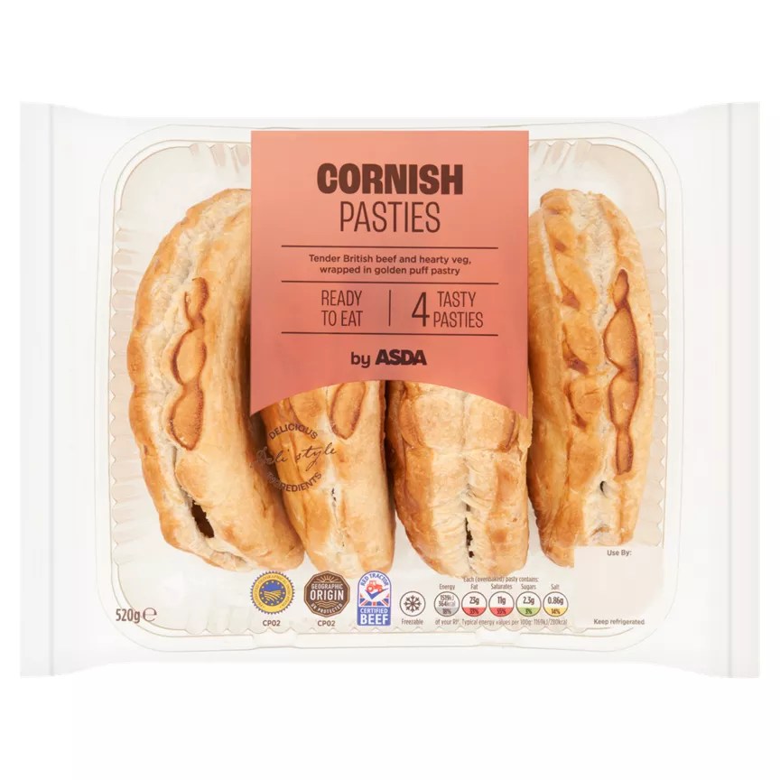 Package of four ASDA Cornish Pasties.