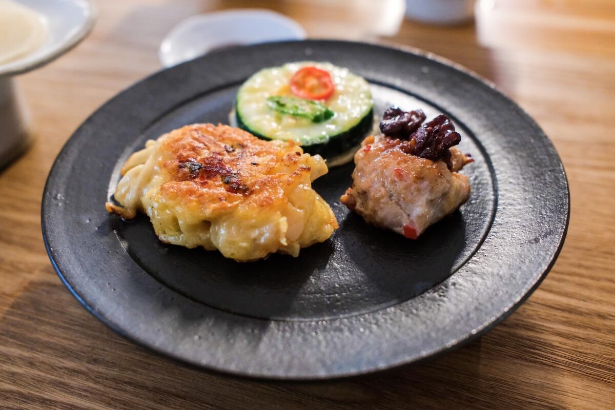 A plate of jeok and jeon at Chae in Cockatoo, Victoria, Australia.