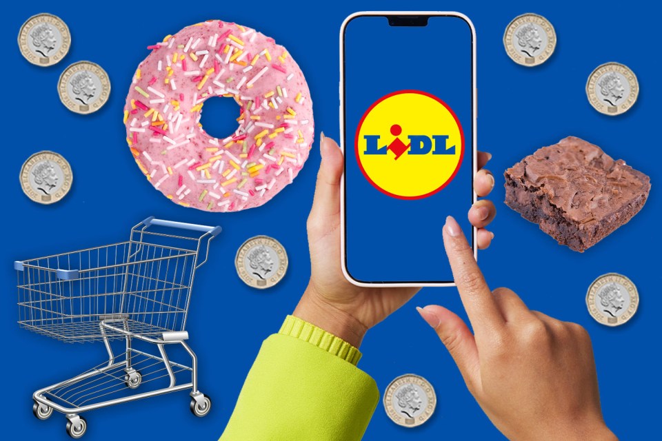 Illustration of a phone displaying the Lidl logo, a donut, a brownie, a shopping cart, and British one-pound coins.