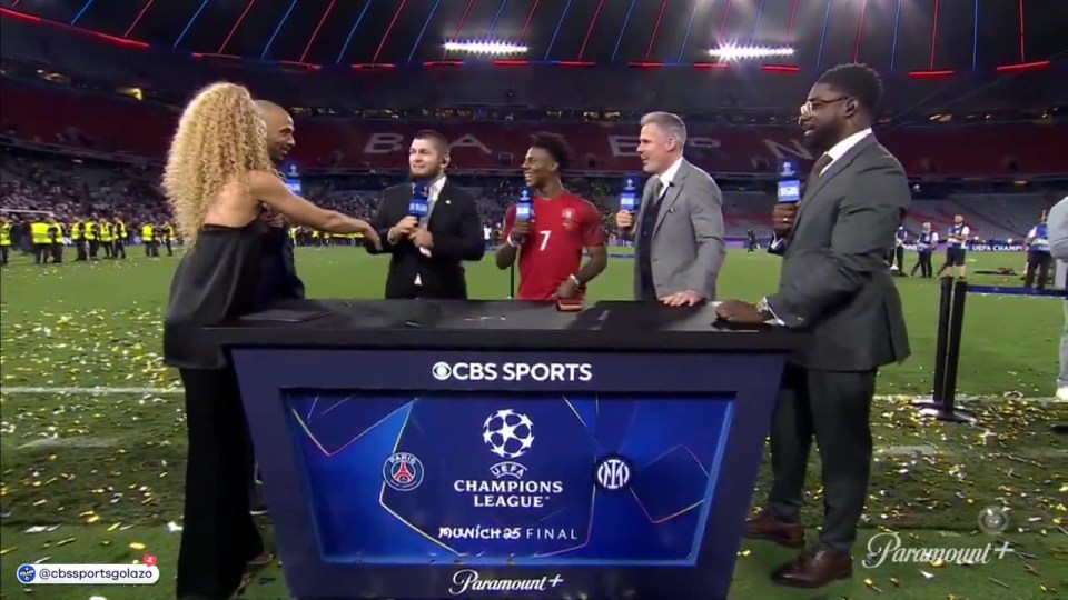 Post-match Champions League interview with Kate Abdo, Khabib Nurmagomedov, Thierry Henry, and others.