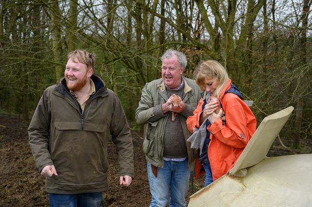 Kaleb Cooper, Jeremy Clarkson and Lisa Hogan had their hands full with piggy behaviour on Clarkson's Farm