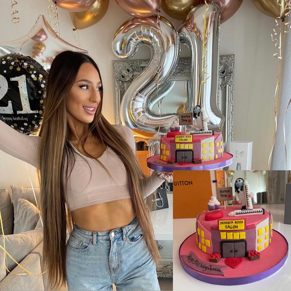 Woman with 21st birthday cake decorated as a beauty salon.