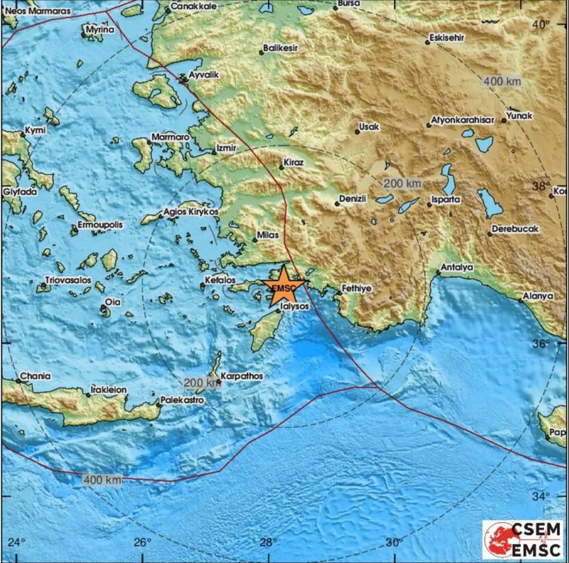 Map showing the location of an earthquake near Ialysos, Greece.