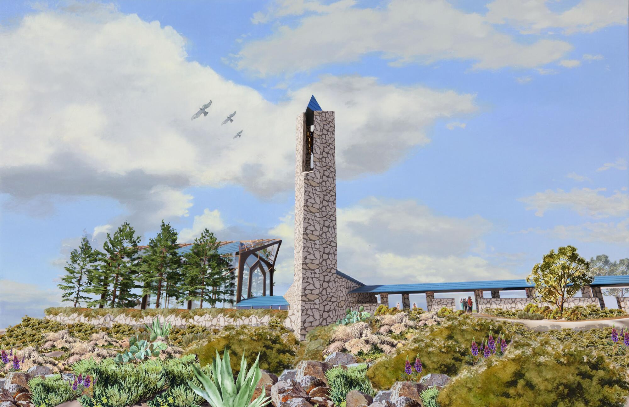 A rendering of the Wayfarers Chapel in its new location, with a rebuilt stone tower.