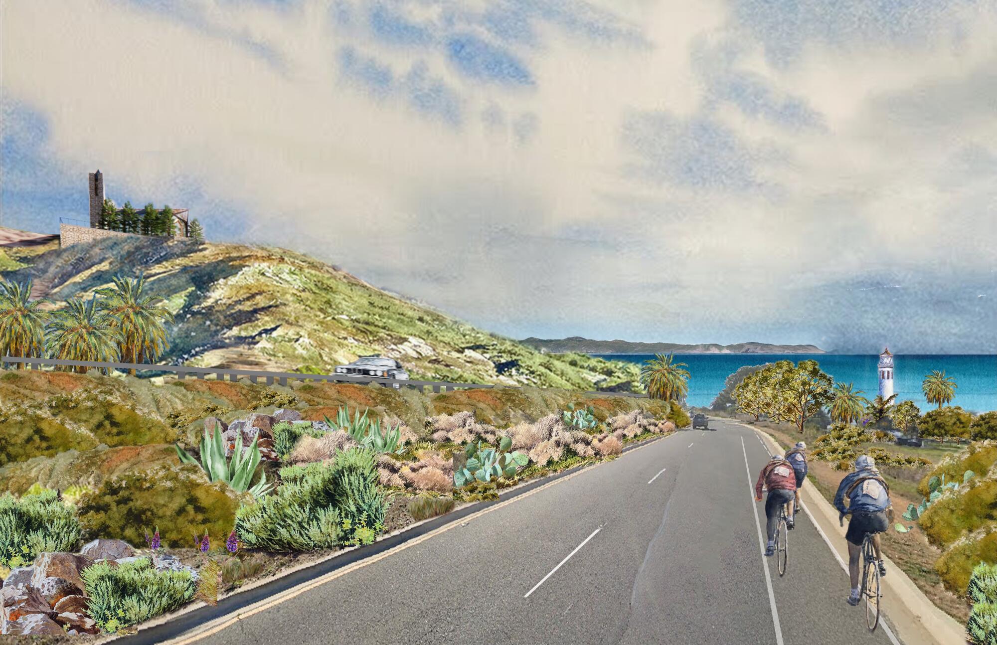 A rendering of the view from Palos Verde Drive, with Wayfarers Chapel in its proposed new location on a bluff to the left.