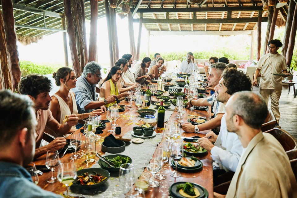 Large group of people dining outdoors at a long table.