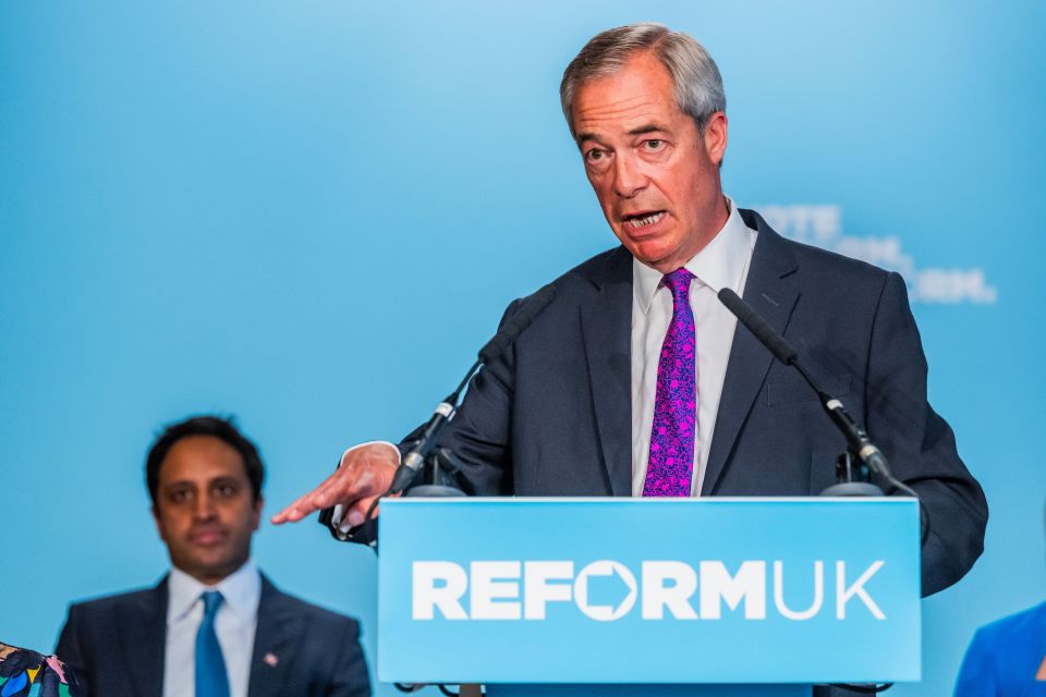 Nigel Farage of Reform UK speaking at a press conference.