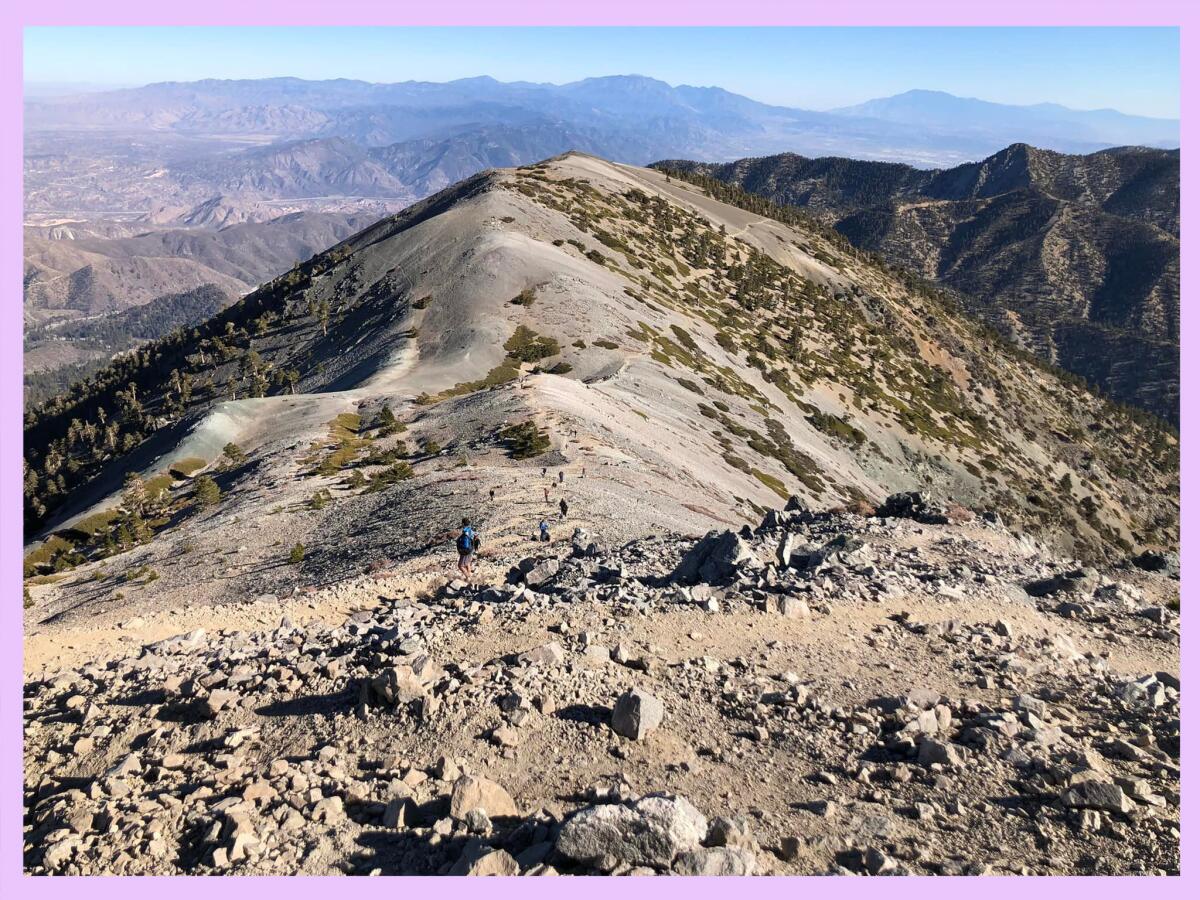 Hikers head up the rocky path of Devil’s Backbone Trail in their quest to reach Mt. Baldy.