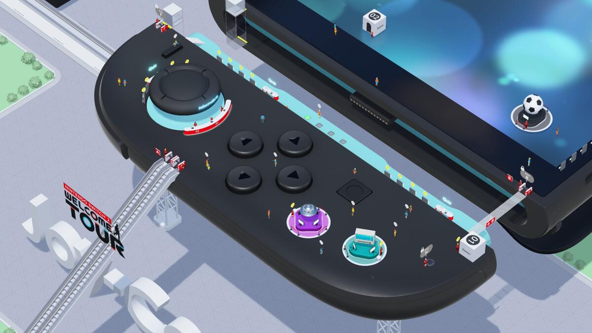 A digital re-creation of the Nintendo Switch 2 populated with tiny digital people.