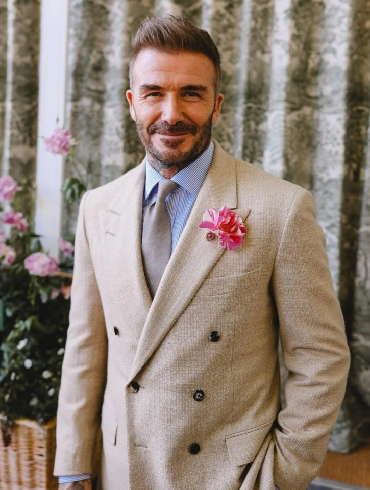 David Beckham in a tan suit at the RHS Chelsea Flower Show.