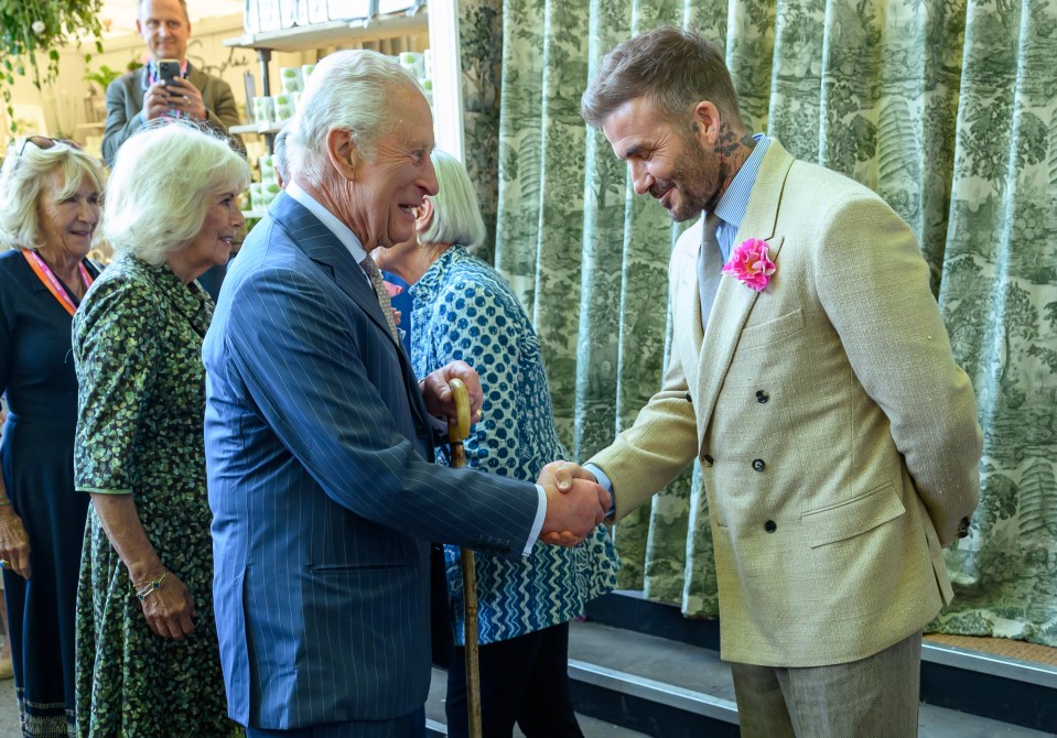 King Charles III shaking hands with David Beckham at the RHS Chelsea Flower Show.
