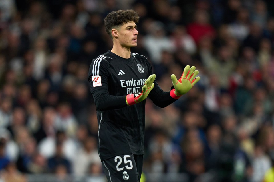 Kepa Arrizabalaga of Real Madrid reacting during a soccer match.