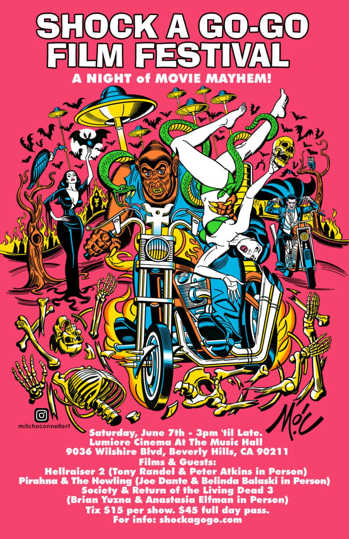 A pink poster advertises movies and special guests.