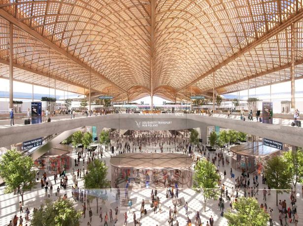 Modern building, airport, people walking and indoor greenery