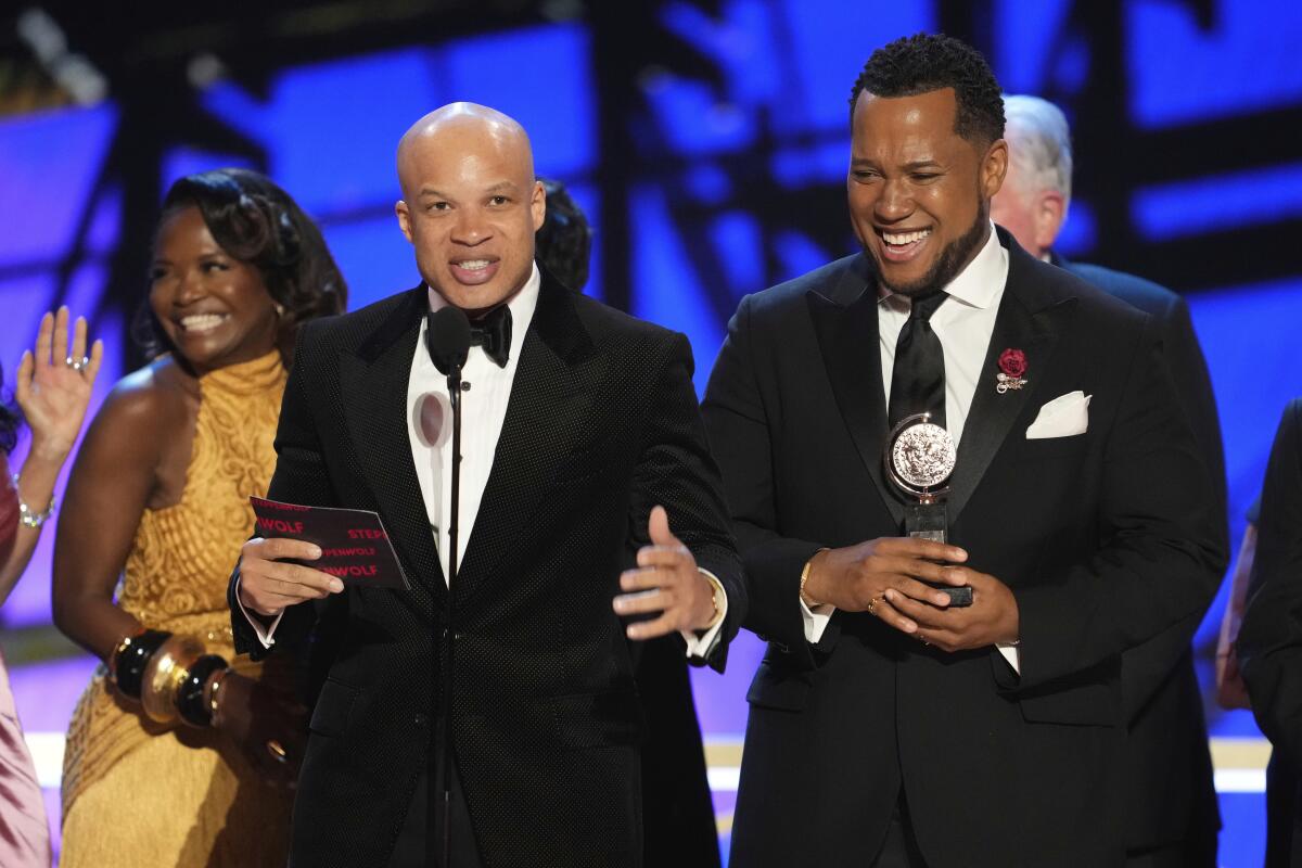 Glenn Davis and Branden Jacobs-Jenkins accept the award for best play for "Purpose" during the Tony Awards.