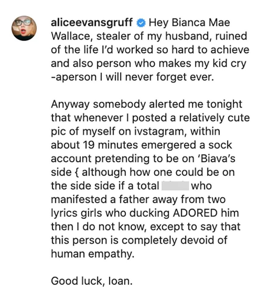 Alice Evans's Instagram post accusing Ioan Gruffudd's girlfriend of ruining her life.