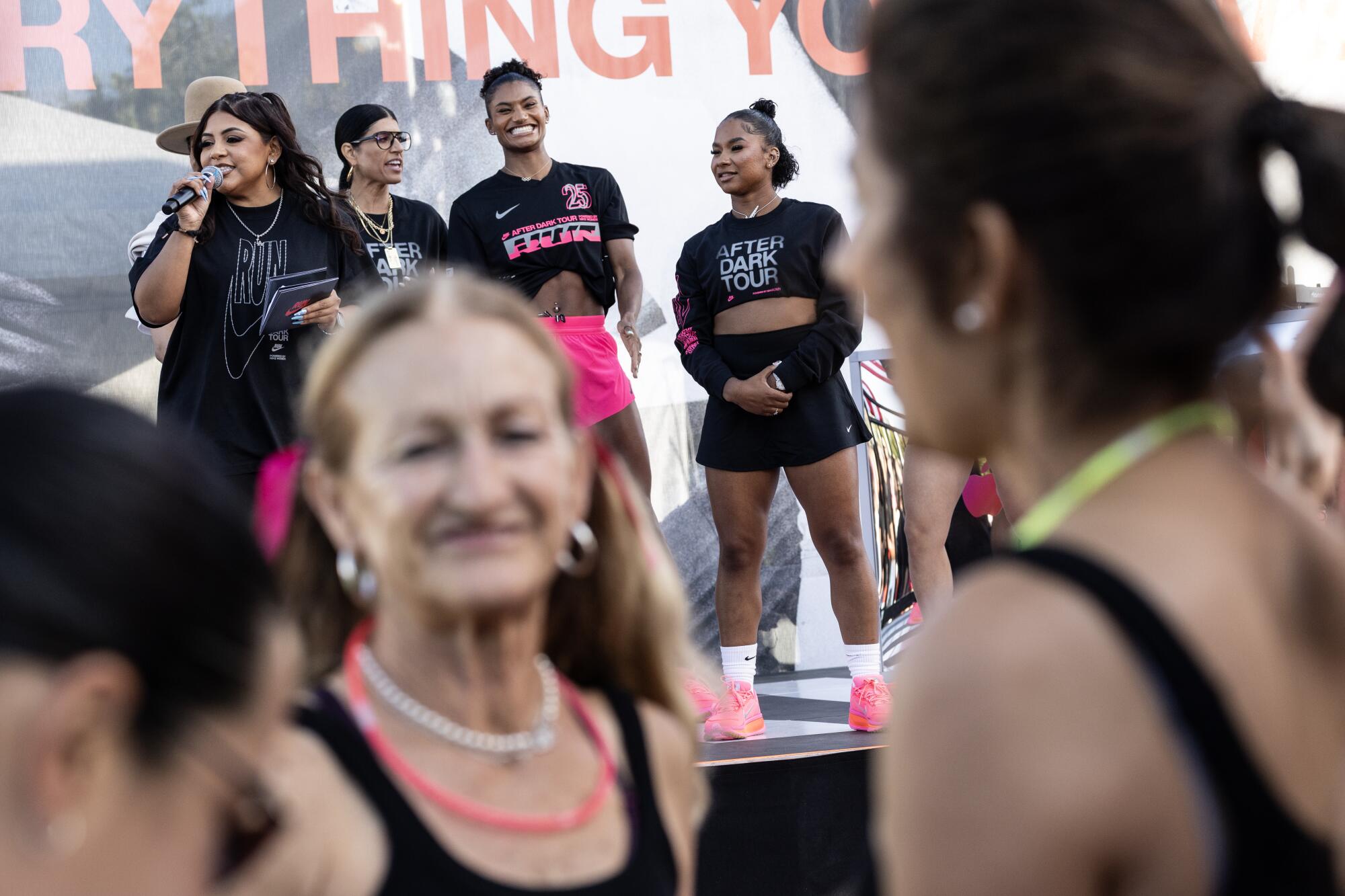 Host Elisa Hernandez, from left, Diljeet Taylor, Anna Cockrell and Jordan Chiles at the Nike After Dark Tour in L.A.