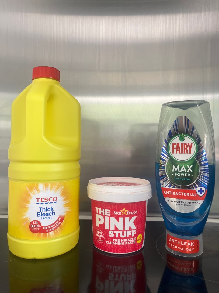 Photo of Tesco Thick Bleach, Star Drops Pink Stuff, and Fairy Max Power Eucalyptus antibacterial dish soap.