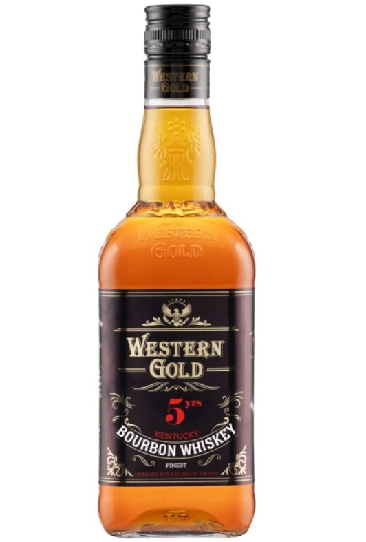 Bottle of Western Gold 5-year Kentucky Bourbon Whiskey.
