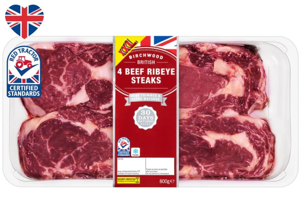 Package of four Lidl Birchwood British beef ribeye steaks, 800g.