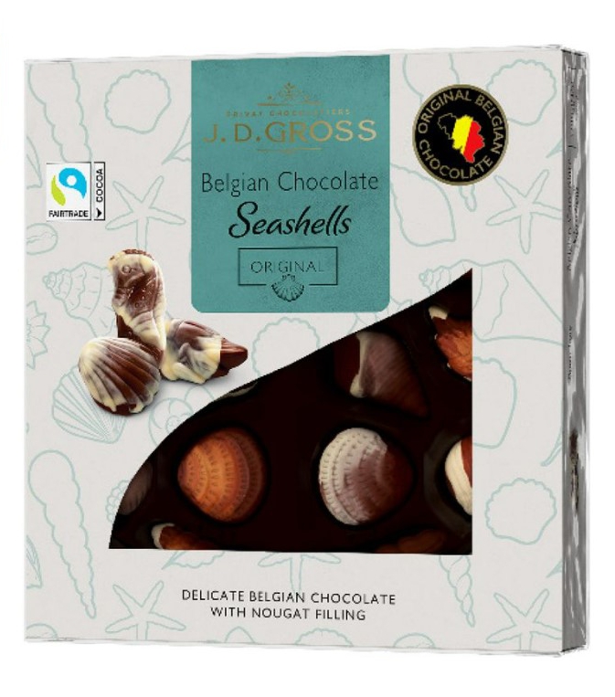 Box of J.D. Gross Belgian chocolate seashells with nougat filling.