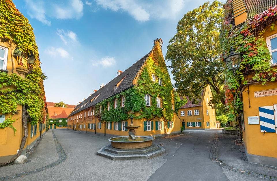 View of the Fuggerei social housing complex in Augsburg, Germany.