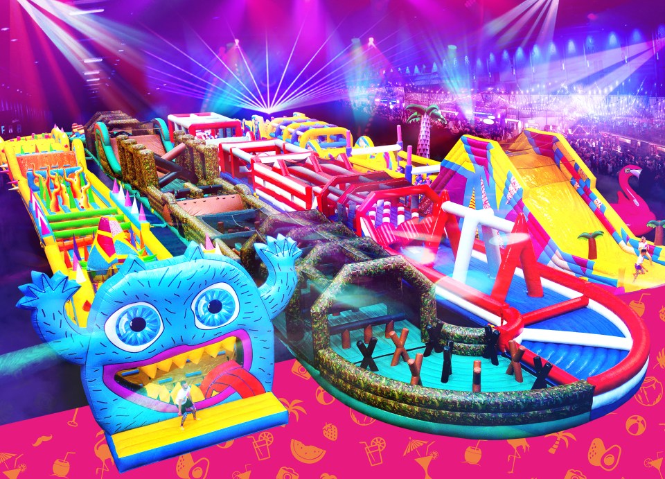 Illustration of a large inflatable obstacle course with slides and a monster-shaped inflatable.