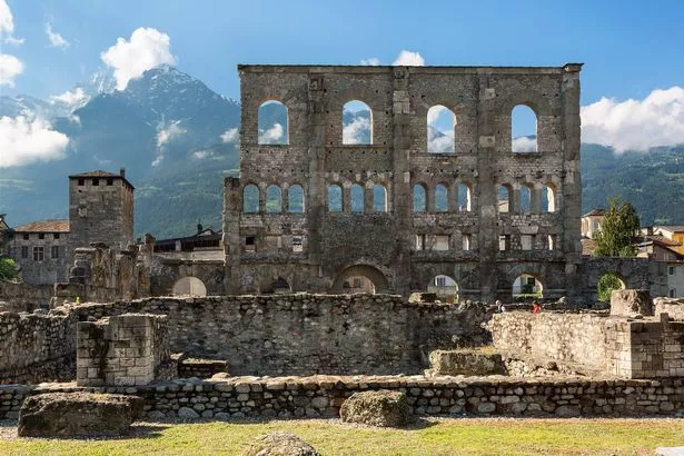 Ruins of an ancient Roman Theatre, Aosta, Valle D'Aosta, Italy.