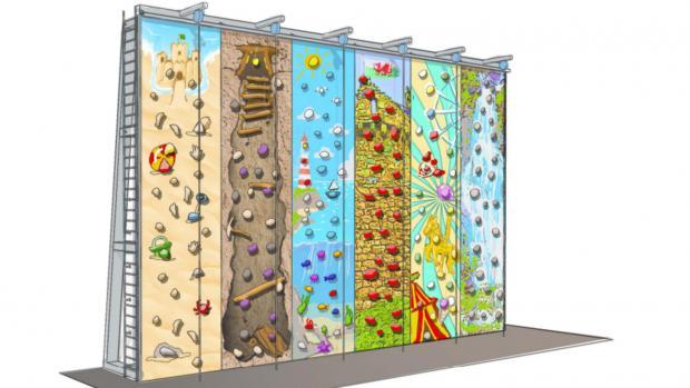 Illustration of a multi-sectioned climbing wall with various themed panels.