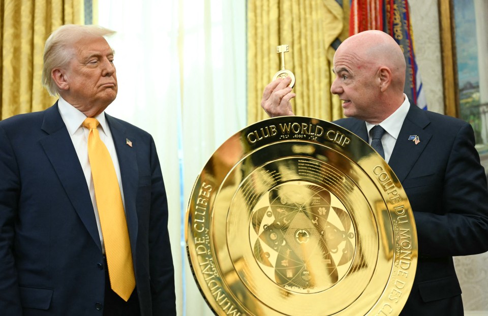 President Trump and FIFA president Gianni Infantino with the new FIFA Club World Cup trophy.