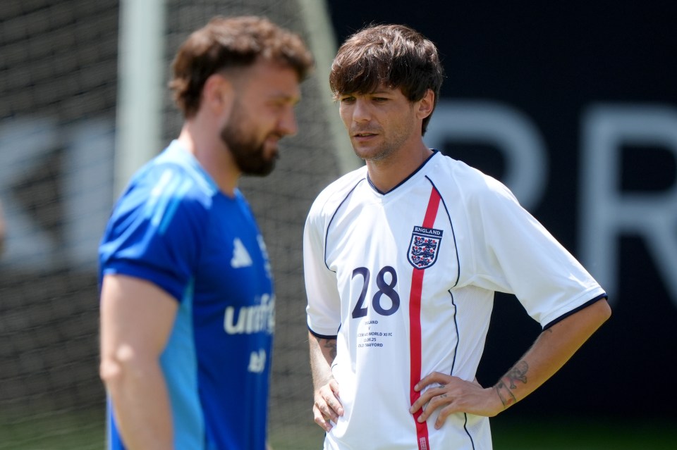 Louis Tomlinson and Sam Thompson at a Soccer Aid training session.
