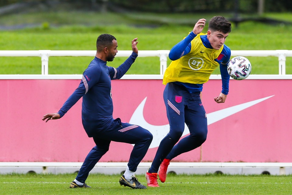 Ashley Cole and Valentino Livramento of England during soccer training.