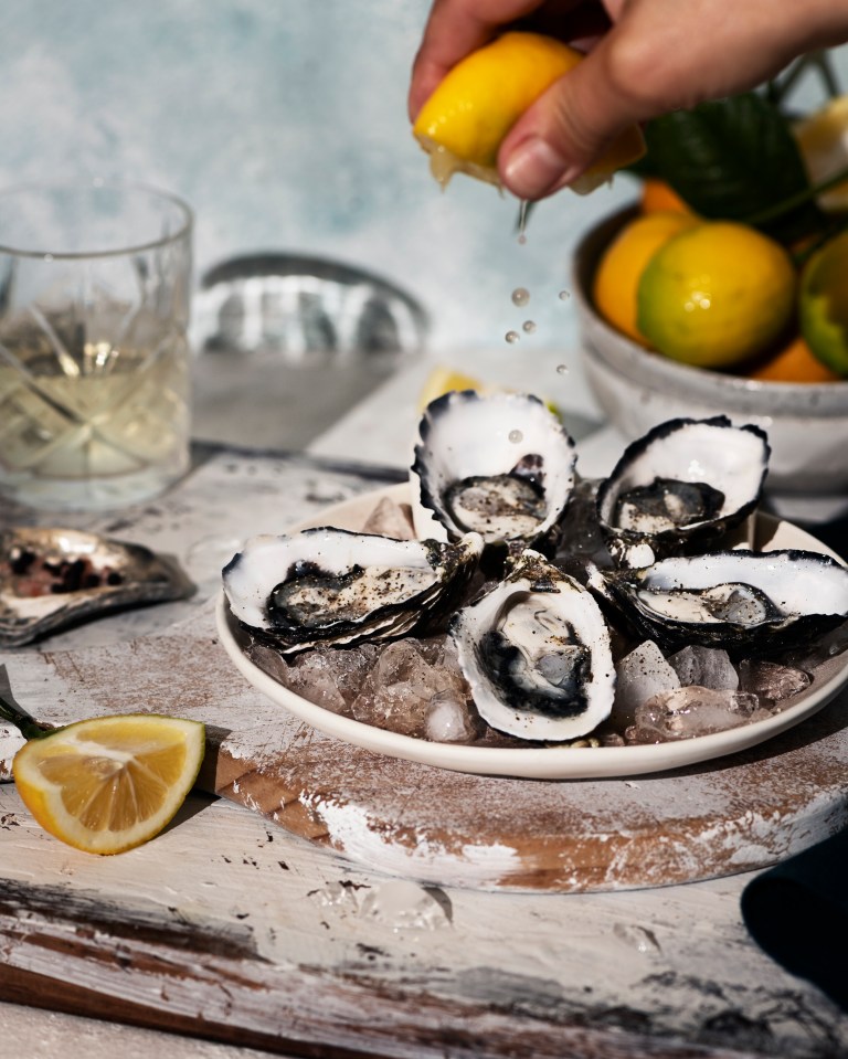 Fresh oysters on ice with lemons and white wine.