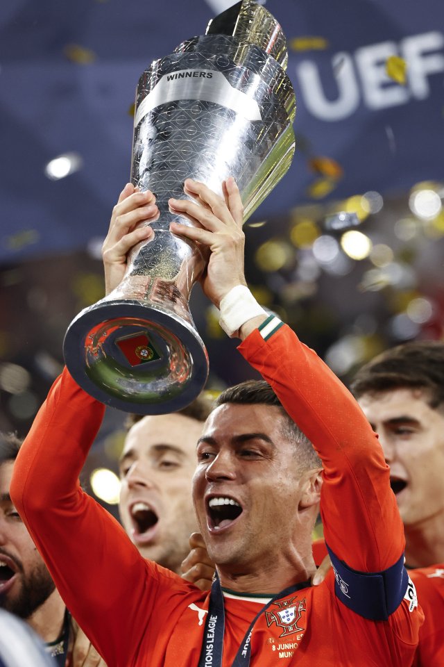 Cristiano Ronaldo of Portugal lifts the Nations League trophy.