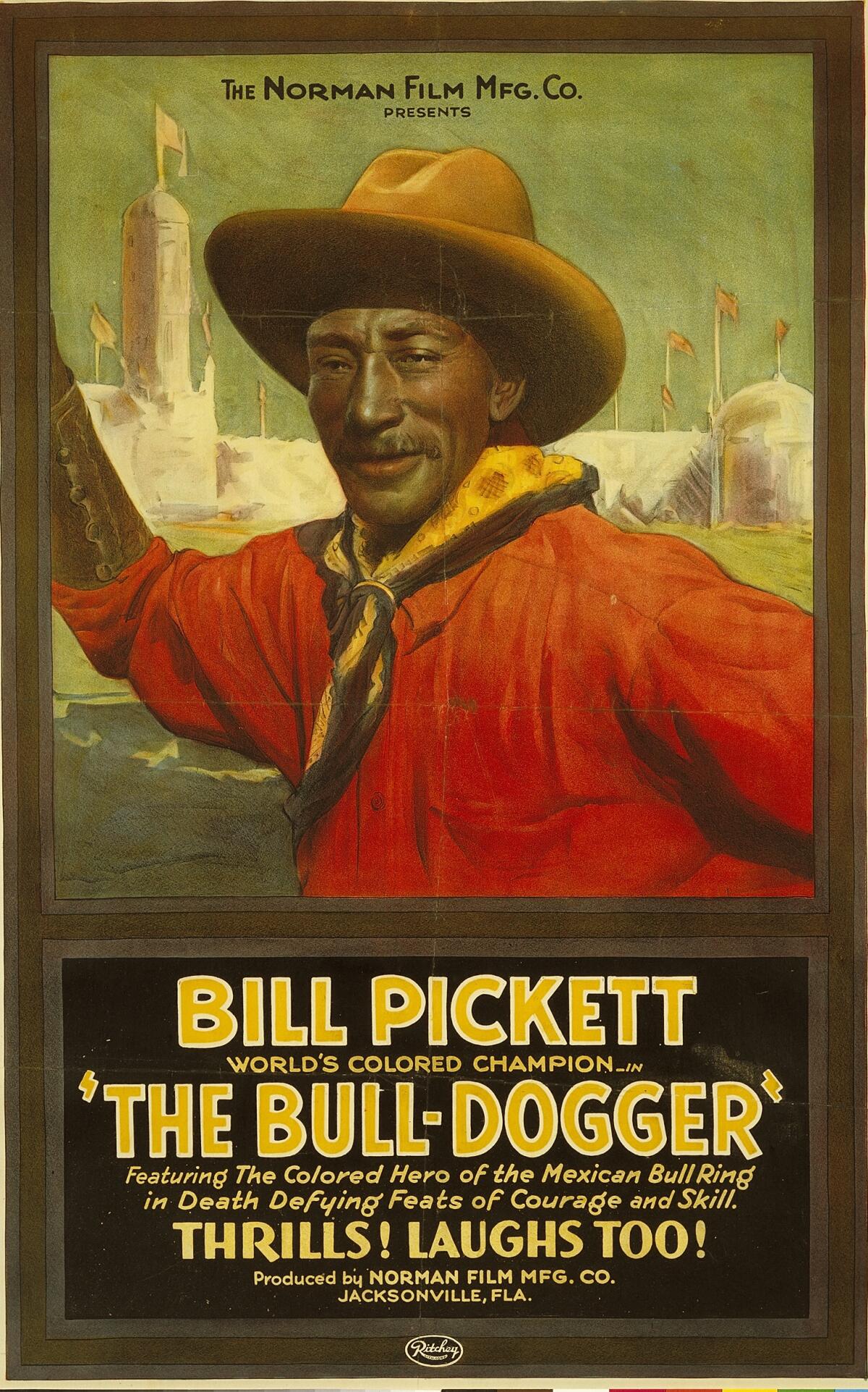 Poster for the movie "The Bull-Dogger" starring actor Bill Pickett,1925. Lithograph on paper.