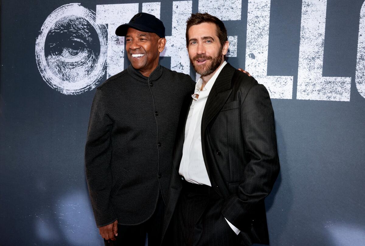 Denzel Washington, left, and Jake Gyllenhaal attend the "Othello" Broadway production media day at Tavern on the Green