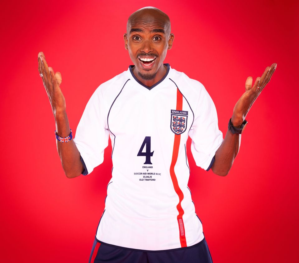 Sir Mo Farah in England soccer jersey for Soccer Aid.